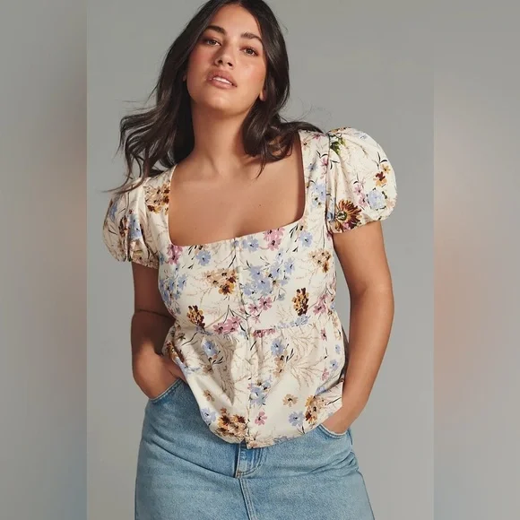 NWT Size S - By Anthropologie Puff-Sleeve Peplum Top (100% Cotton) - Picture 7 of 12